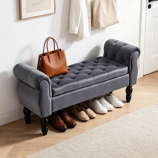 47″ Storage Bench with Arms End of Bed Bench,Velvet Entryway Bench with Storage, Button Tufted Upholstered Ottoman Bench Wood Legs, Window Sitting Bench for Bedroom/Living Room, Dark Grey