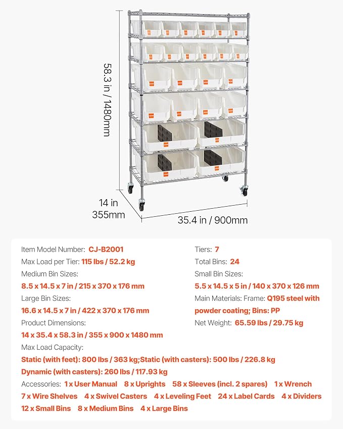 VEVOR 7-Tier Rolling Bin Storage Rack, 24 Organizer Bins, Bin Rack Storage Steel Wire Shelving System with Wheels, Mobile Tool Organizer for Garage, Warehouse, Office, Restaurant, Classroom, Kitchen
