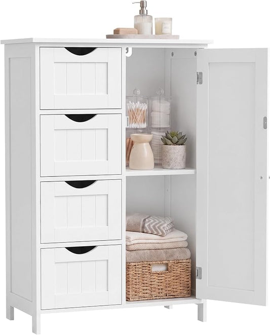 SONGMICS Home Floor Storage Cabinet, Freestanding Storage Cabinet for Bathroom, Kitchen, Living Room, 4 Drawers and Adjustable Shelf, White
