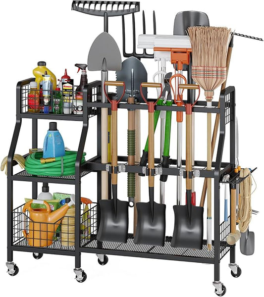 keomaisyto Garden Tool Organizer with 6 Wheels(3 lockable), Heavy Duty Yard Tool organizer with 2 Basket, Large Metal Garage Tool Organization and Storage for Garage/Shed/Yard/Broom Closet/Lawn
