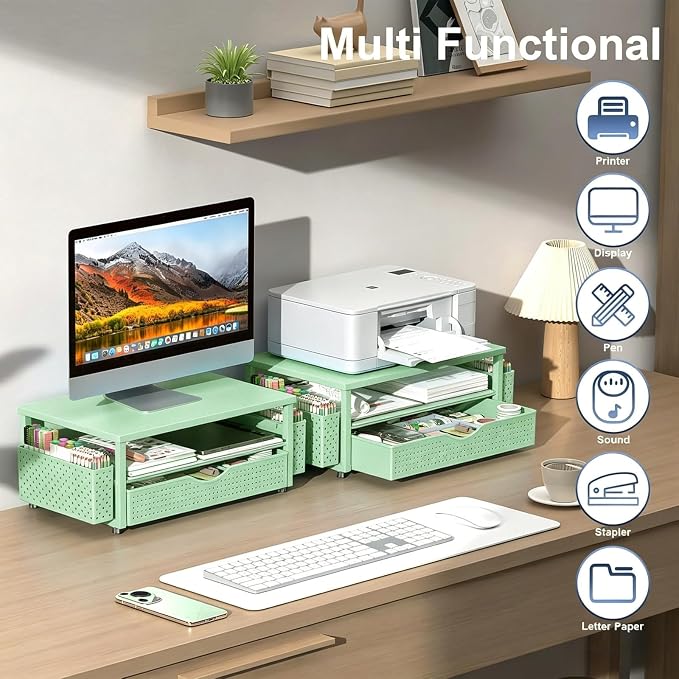 Spacrea Desk Organizer and Accessories, Computer Monitor Stand Riser with Drawer and 2 Pen Holders, Office Desk Accessories & Workspace Organizers for Office Supplies (Sage Green)