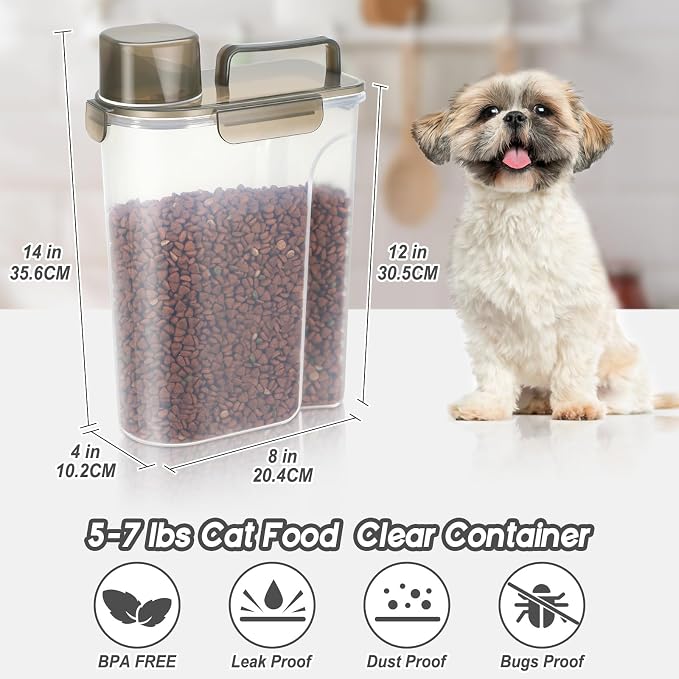 LEAWALK 5-7Lbs Dog Cat Food Storage Container with Upgraded Large Nozzle BPA-free, 4 Snap Seals Plastic Pet Food Storage Containers with Handles (Clear Brown, 5L-1pack)