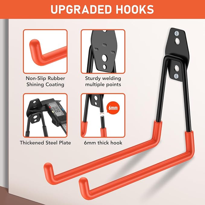 Garage Hooks, Anti-Slip Heavy Duty Wall Mount Hooks, 42-Pack | Hanging Storage for Bikes, Ladders, Hoses, Ropes, Garden Tools - For Warehouse, Workshop, Shed, Shop, Yard