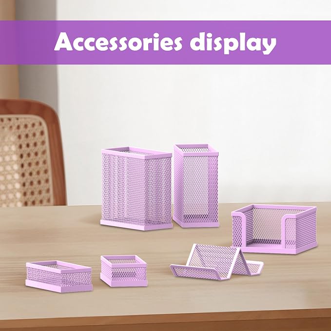 Pen Holder for Desk, 6-Piece Mesh Desk Organizer with Phone Holder, Purple | 6-Piece Black Mesh Desk Set Includes Pen Cups, a Sticky Note Caddy and Phone Holder for Office, School, Home