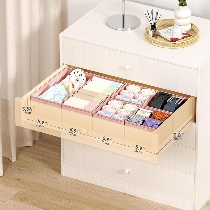 DIMJ Drawer Organizers Clothes, Set of 16 Dresser Organizer Bins, Fabric Closet Organizers and Storage, Shallow Drawer Dividers for Nursery, Clothing, Baby Clothes, Socks, Underwears, Tie (Pink)