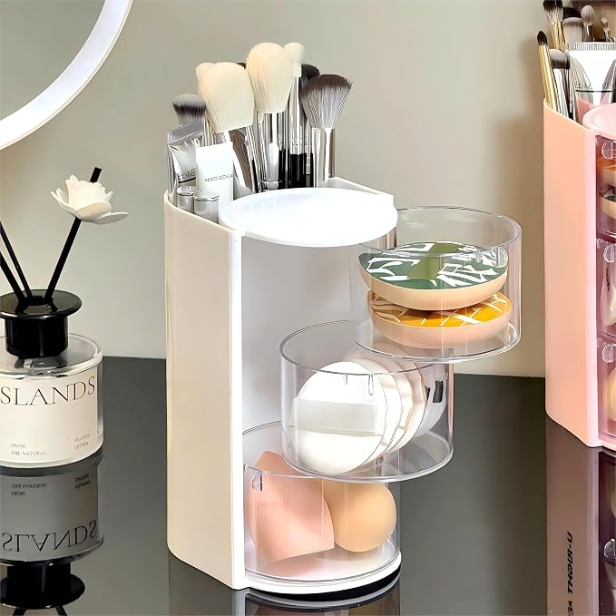 Azurphoric Hair Accessories Organizer with Hair Brush Holder(White,3-Layer) | Rotatable Makeup Brush Holder for Necklaces, Earring, Bracelet, Ring, Makeup Brushes, Hair Clip and Hair Accessories