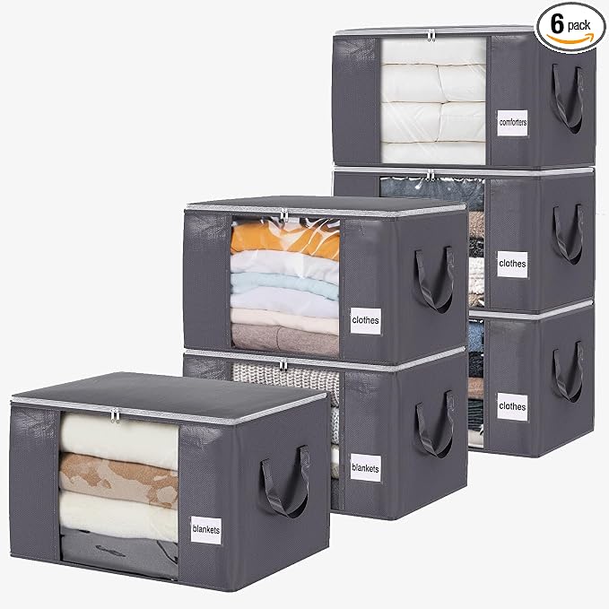 Blanket Storage Bags 6 Pack 60L Clothes Closet Organizer Containers PE | High-Strength PE, Reinforced Handle, Dual-Slider Zipper, Clear Window and Label Pocket, Ventilated Foldable Design