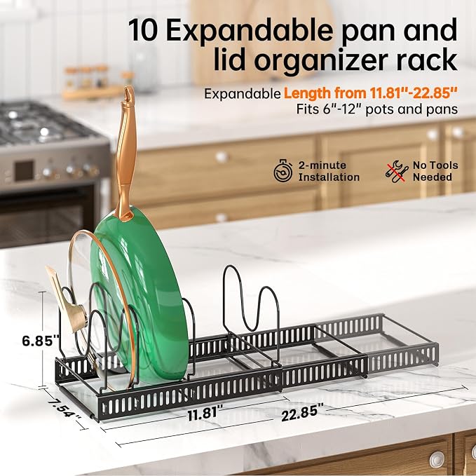 MUDEELA Expandable Pot Pan Lid Organizers inside Cabinet, 14 Divider-Black | Expandable 11.8–22.9", 14 Adjustable Divider, Tool-Free Assembly, Non-Slip, Scratch-Proof, For Pan Lid Cutting Board Bakeware