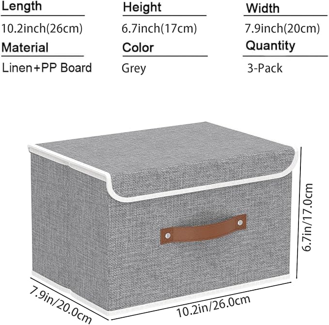 Yawinhe Collapsible Storage Boxes,Grey,10.2x7.9x6.7in,3-Pack | Fabric Storage bin with Lids, Washable Cube Organizer Basket; Container with Leather Handle,Closet Organizer for Home