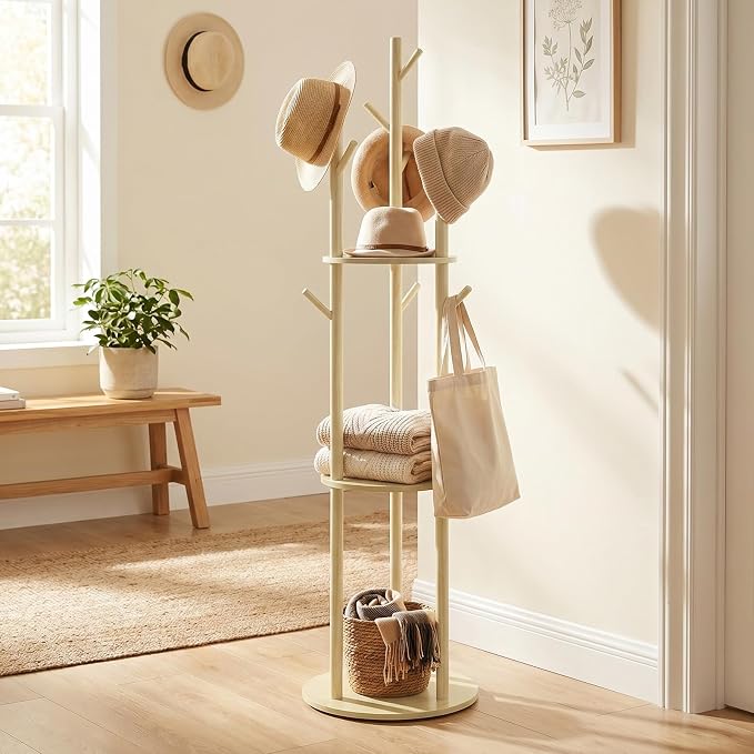 YYW Multifunctional Wood Coat Rack Stand With 9 Hooks And 3 Shelves | Free Standing Organizer For Jackets, Hats, Shoes, Perfect For Bedroom, Hallway, Small Space