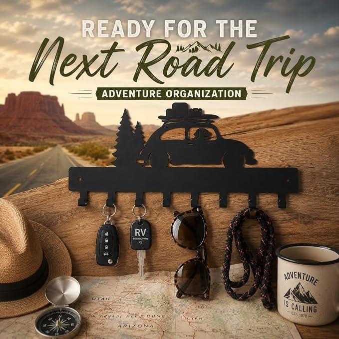 RV Decor Key Holder for Wall, Camper Key Rack with 8 Hooks, Black | Metal RV adventure decor with no-drill glue or screw mounting, ideal for entryway, hallway, living room, camper and RV