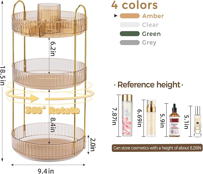 360° Rotating Makeup Organizer, Upgraded 3 Tier Skincare Perfume Organizers for Women, Bathroom Organizer Countertop, Clear Cosmetic Dresser Organizer with Makeup Brush Holder, Sink&Counter(Amber)