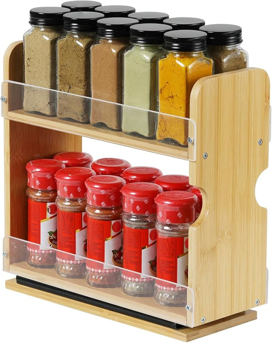 2 Tier Pull Out Spice Rack Organizer, Bamboo Sliding Spice Rack for Kitchen | Cabinet, (4.4" W x 10.6" D x 10.4" H) Spice Storage, Pantry Organization