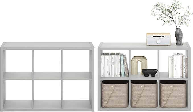 Furinno Cubicle Book Shelf Set of 2, 6-Cube Bookshelf, Light Grey | 14.6 x 43.8 x 30, 1.2" Thick, Horizontal & Vertical Reversible Bookcase with Open Back, for Living Room, Bedroom, Home Office