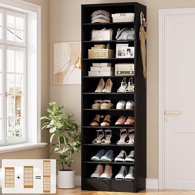 Aheaplus Tall Shoe Cabinet, 10 Tiers Narrow Wood Shoe Rack, Shoe Storage Organizer with Open Storage, Vertical Shoe Shelf Tower for 20-22 Pairs, Space Saving, for Closet, Entryway, Bedroom, Black