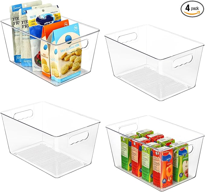 Vtopmart Clear Plastic Pantry Organizer Bins, 4 PCS Food Storage Bins with Handle for Refrigerator, Fridge, Cabinet, Kitchen, Countertops, Cupboard, Freezer Organization and Storage, BPA Free, Large