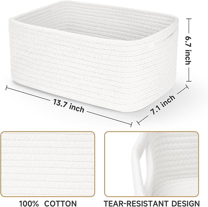3-Pack Storage Baskets for Organizing | Woven Shelf Toy Basket | Rope Baskets for Gifts Empty | Closet Organizer Bins with Handles | Cube Decorative Box | 13.7×7.1×6.7” | White