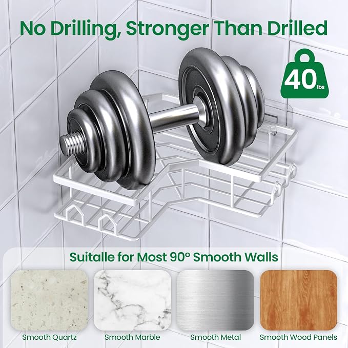 Adhesive Shower Caddy, 6 Pack Corner Bath Organizer, Rustproof Stainless Steel Shower Shelves with Large Capacity, No Drilling Shelves for Bathroom Storage, Home, Kitchen Décor (White).