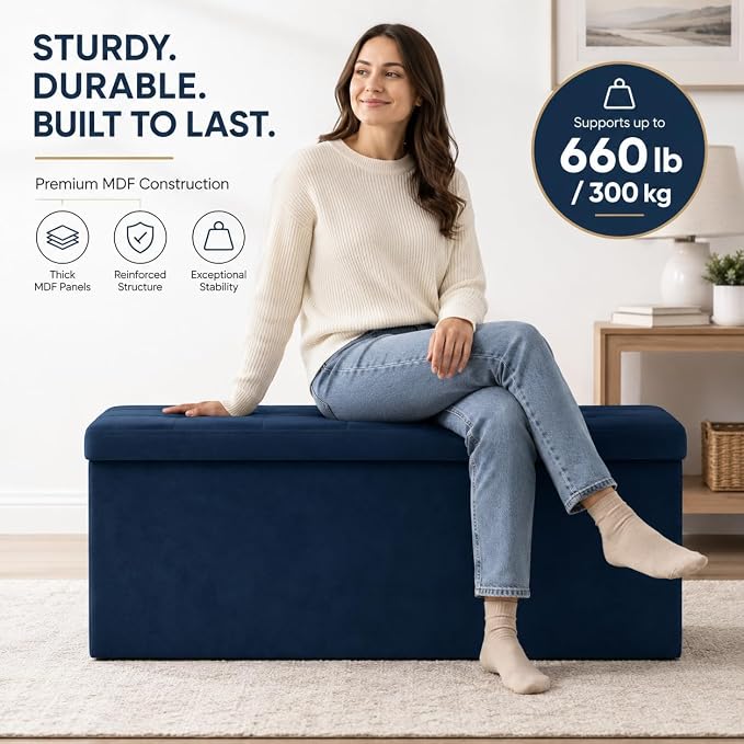 ALASDO 43 Inch Folding Storage Ottoman Bench with Hidden Storage, Velvet Storage Ottoman Foot Rest Stool, End of Bed Bench for Bedroom, Living Room, Entryway and Closet, Navy Blue