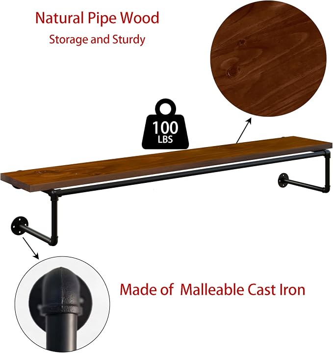 Clothes Rack 60in, Wall Mounted Garment Racks with Real Walnut Wood Shelf, Heavy Duty Hanging Clothes Rack, Multi-Purpose Hanging Rod, Space-Saving Closet Storage