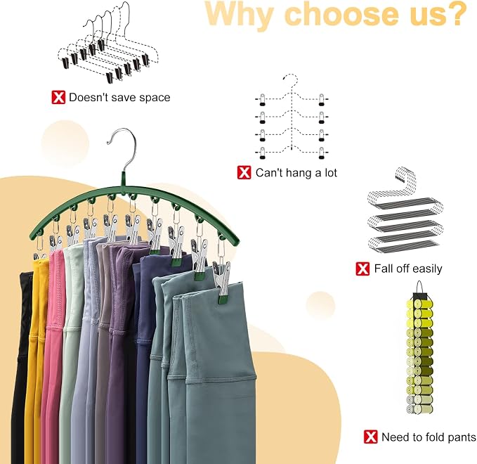 Legging Organizer for Closet, Metal Yoga Pants Hangers 2 Pack w/10 Clips Holds 20 Leggings, Space Saving Hanging Closet Organizer w/Rubber Coated Closet Organizers and Storage, Green