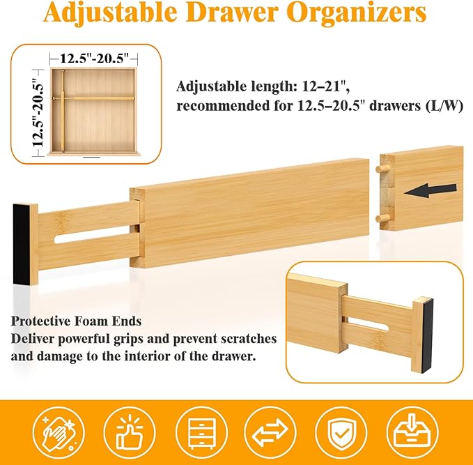 Bamboo Drawer Dividers, 12-21 Inch Kitchen Adjustable Drawer Organizers | Expandable Dresser Separators for Clothes, Ideal for Kitchen, Bathroom, Vanity, Office Organization and Storage, 8-Pack