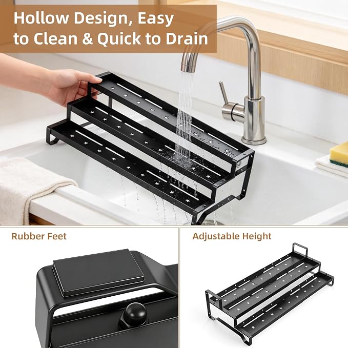 Expandable Spice Rack Organizer for Cabinet 3 Tier Spicy Shelf Black 1Pack | Adjustable Length 13"-21", Easy to See Labels, Sturdy Metal, Slip-Resistant Guardrails for Jars, Cabinet & Countertop Storage