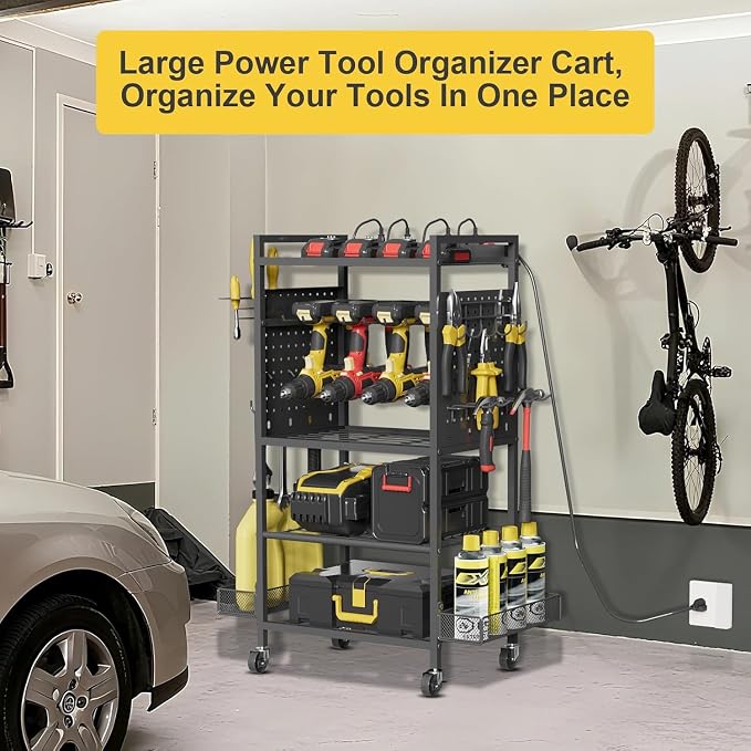 Power Tool Organizer Cart with Charging Station, Heavy Duty Garage Tool Organizer Rolling Tool Battery Storage with 8-Outlet Power Strip, a 4.9-FT Cord,4 Wheels, 2 Hanging Baskets,Hooks .Black