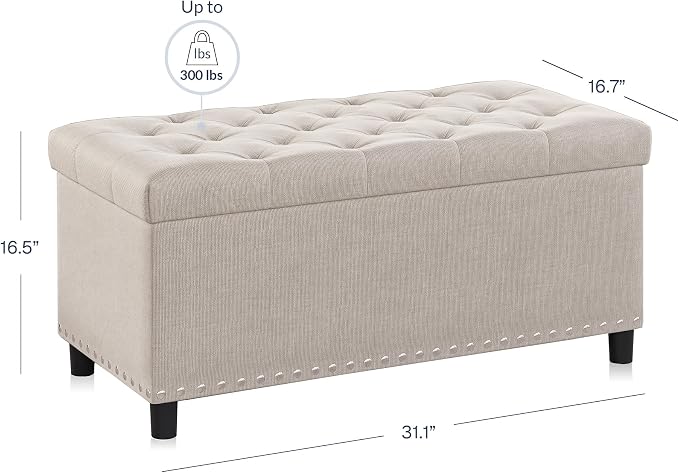BELLEZE Storage Ottoman, Tufted Ottoman with Close Hinge, Foot Rest for Living Room (Beige, 31 inch)