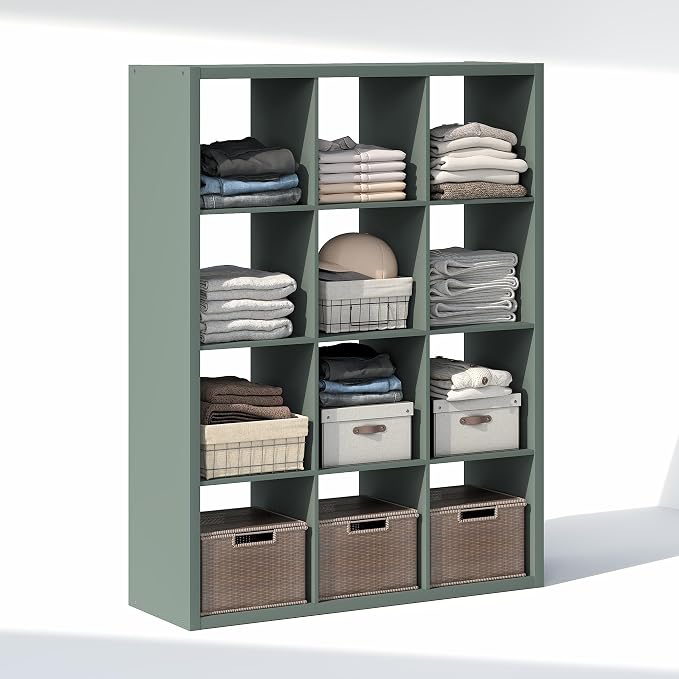 Furinno Cubic Extra Thick 12-Cube Closet Organizers and Storage, Sage Green | 14.6 x 44 x 58 in, Open Shelf Closet Storage, Closet Organizer, for Wardrobe, Bedroom, Living Room