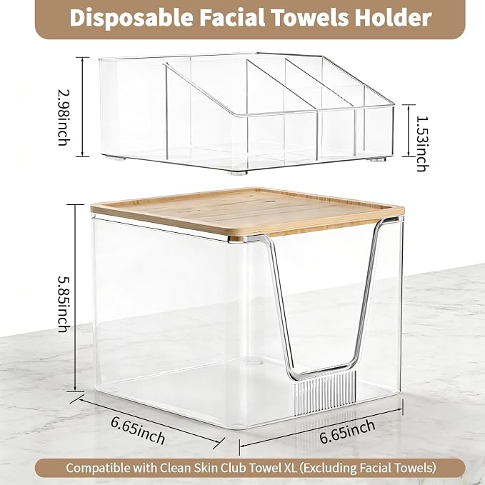 SPOSPO 2 in 1 Disposable Facial Towel Holder and Cosmetic Organizer | Clear Storage with Bamboo Lid Compatible with Clean Skin Club Towel XL, Vanity Organizer for Bathroom Vanity Counter (1 Pack)