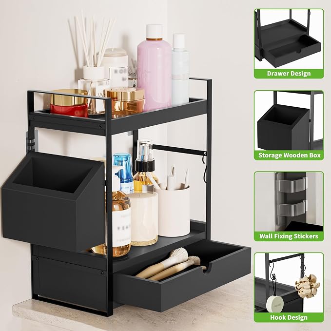 2-Tier Bathroom Counter Organizer, Wooden Vanity Shelf with Drawer & Basket | Pre-Drilled Holes, Skincare & Makeup Countertop Organizer and storage, Black