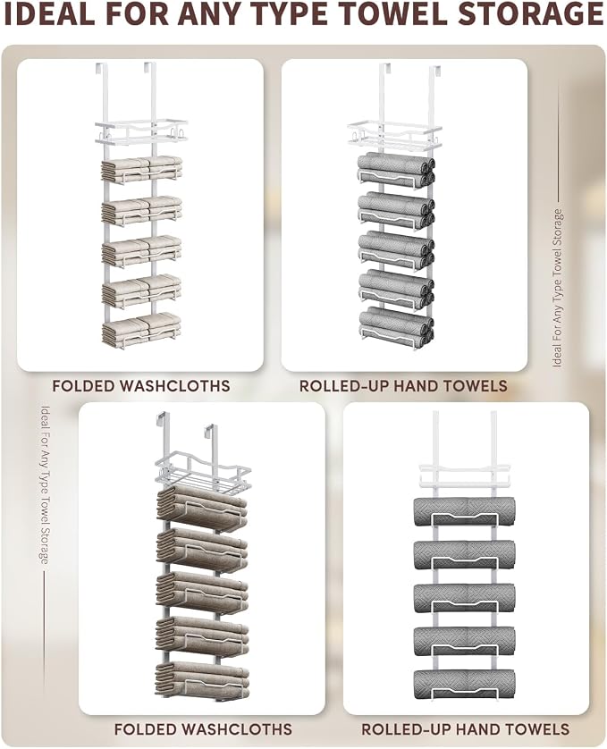 Aetyord Hanging Towel Racks for Bathroom No Drill - Over The Door 6-Tier Bath Towel Storage Organizer for Small Bathrooms - Back Door Large Tiered Towel Holder Hanger for Rolled Towels RV Camper White | 6-Tier Over The Door Bath Towel Storage Organizer...
