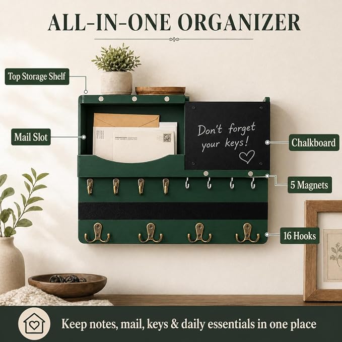 Key Holder for Wall Mount with Shelf and Mail Organizer, Key and Mail Holder with 16 Hooks, Farmhouse Entryway Organizer, Home Decor Rack (Pine Wood,Green)