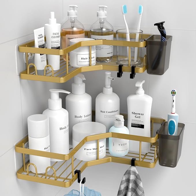 AKTECKE Corner Shower Caddy Organizer Shelf: 2Pack Adhesive Shower Rack, No Drilling Stainless Steel Shower Storage Shelves for Bathroom Kitchen (Gold)