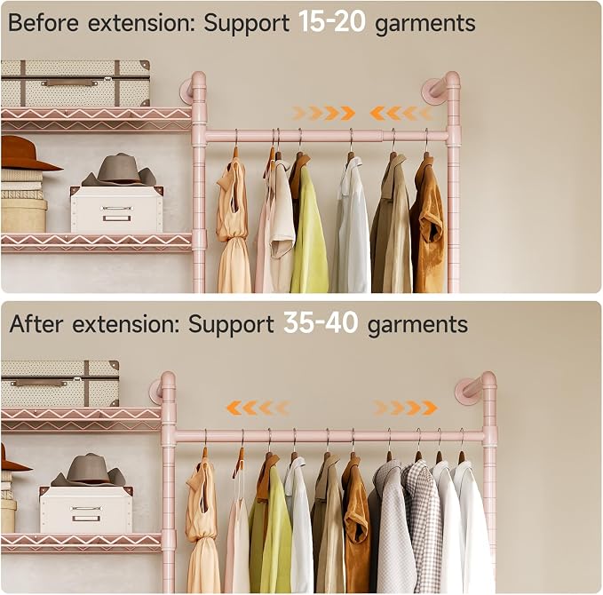 ONBRILL H3 Wall Mounted Closet System, Expandable Industrial Pipe Clothes Rack Clothing Rack for Hanging Clothes, Heavy Duty Closet Organizers and Storage in Wardrobe Closet, Pink