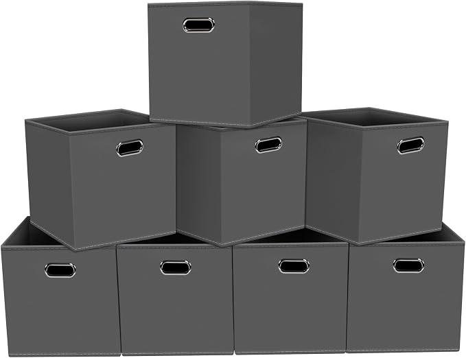 Fabric storage bins Cubes, Fabric Cube Organizer with Handle, Foldable Cube Bins for Cloth or Accessary Storage, 11x11x11, Set of 8, (Gray)