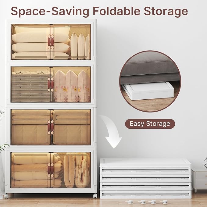 UAMFURI Stackable Storage Bins with Lids, 720QT Lockable Storage Cabinet | Folding Storage Box with Doors and Wheels, Collapsible Plastic Drawers for Home, Garage, Office