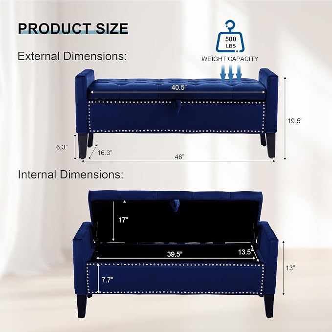 Storage Ottoman Bench, Velvet Upholstered Footstool for Bedroom and Living Room, Tufted Seat with Storage, Wooden Legs & Metal Rivets, Dark Blue