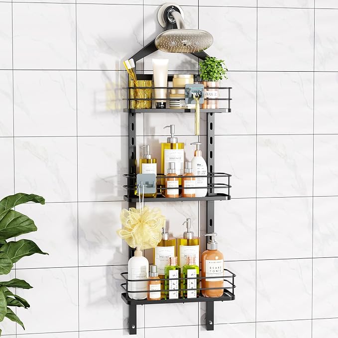 ODesign 3 Tier Adjustable Shower Caddy Hanging Over Head Anti-Swing Black | Shower organizer hanging,no drilling required,comes with removable hook and storage box, suitable for indoor showers