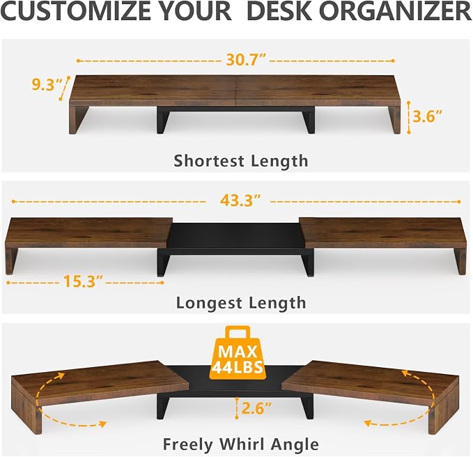 TAVR Dual Monitor Stand Riser, Wooden Computer Monitor Stand for 2 Monitors | Extra Long Multifunctional Desktop Organizer Riser for TV, PC Monitor, Laptop, Printer, Max 43.3" Length, Rustic Brown