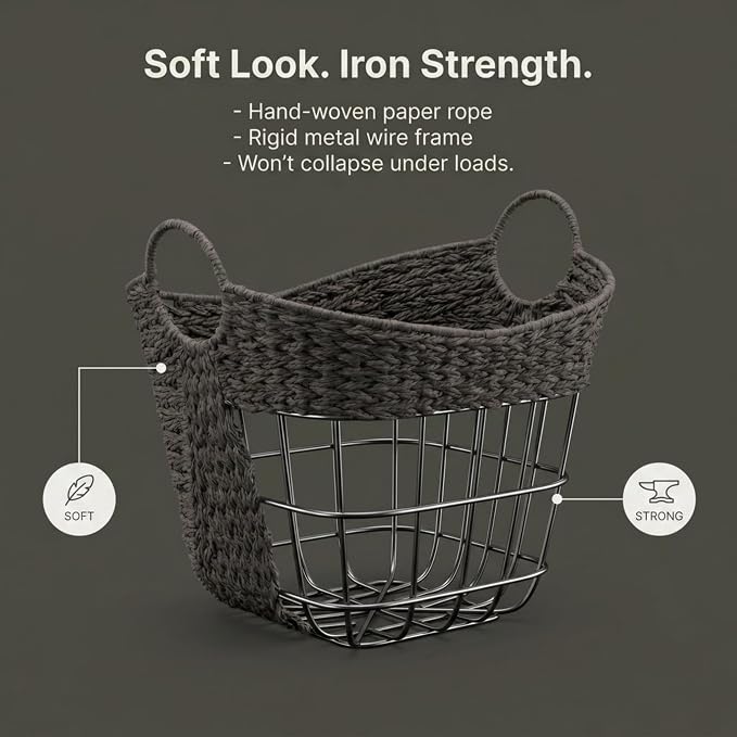 Household Essentials Handwoven Paper Rope Storage Basket with Metal Frame and Handles, Gray