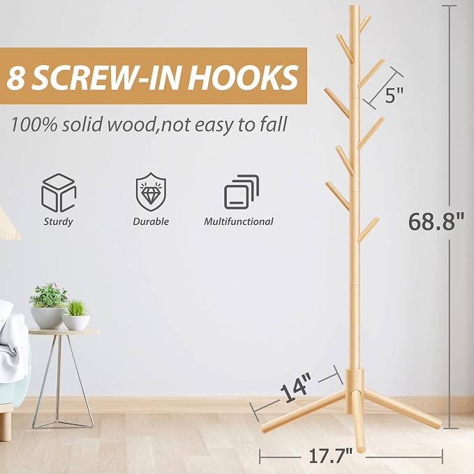 Unisakey 8-Hook Freestanding Wooden Coat Rack 3 Adjustable Heights Nature | Stable Triangular Base for Safety,Durable Construction,Simple Tool-Free Assembly,Ideal for Bedroom Hallway Office Entryway