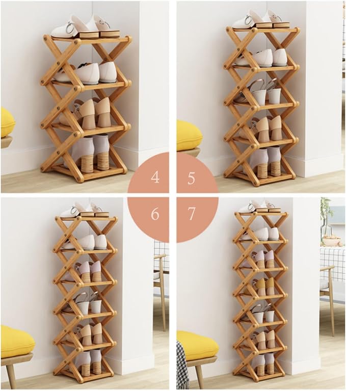 4 Tier Foldable Shoe Rack, Bamboo Vertical Shoe Organizer Tall for Multifunctional Narrow Shoe Shelf for Entryway, Closet, Corner, Bedroom, Hallway(Natural)
