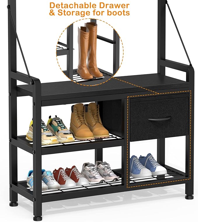 Hall Tree with Bench and Shoe Storage, 31.5” Coat Rack Freestanding | Black, 5 in 1 Intelligent Design, 17 Hooks, 2 Drawers, Handy Clothes Rail