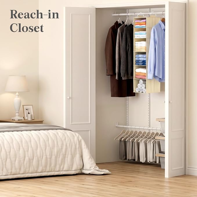 Lifewit 6 Tier Hanging Portable Closet Storage Organizer for Shelves, Gray | Foldable Clothes Shelf with 2 Sturdy Hooks, Sweater/Coat/Shoes Clothing Organization for Wardrobe, Dorm, Bedroom