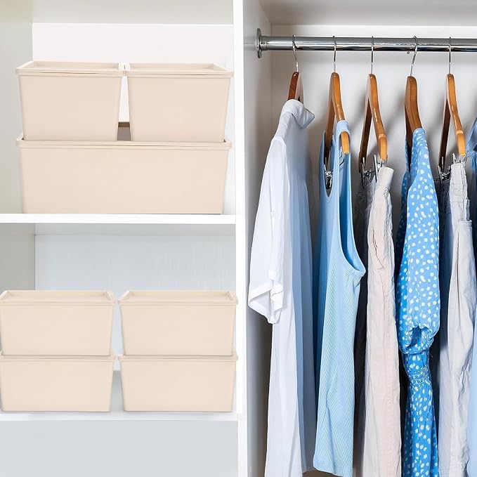 6 Pcs Large and Small Plastic Storage Bins with Lids 14.4 x 10.4 x 5.1 Inch Stackable Storage Containers Decorative Cubby Organizer for Clothes Shelves Garage Closet Office (White)