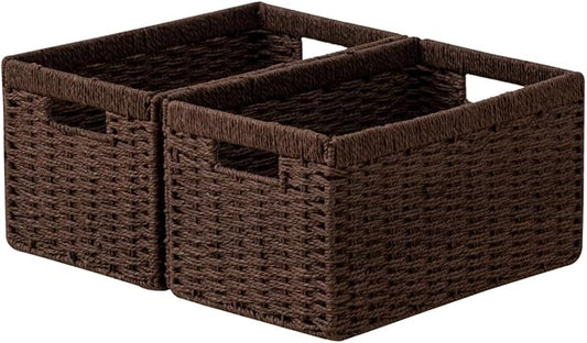 joybest Dark Brown Wicker Baskets for Shelves, Hand-woven Storage Baskets | 13.4L x 8.3W x 7.1H inch for Pantry, Kichen Organizing, Foldable Rectangular Bin with Handles, 2-pack