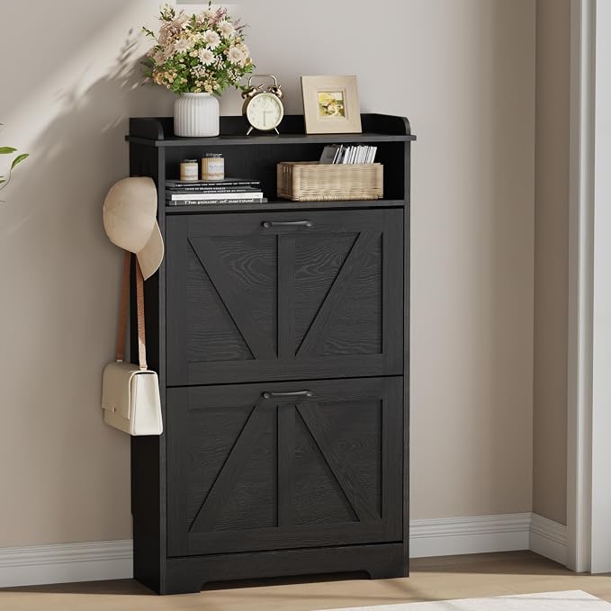 Farmhouse Narrow Shoe Cabinet with 2 Flip Drawers, 23.6" W Black | Freestanding shoe storage cabinet for entryway,foyer and hallway,slim design width and space-saving flip drawers