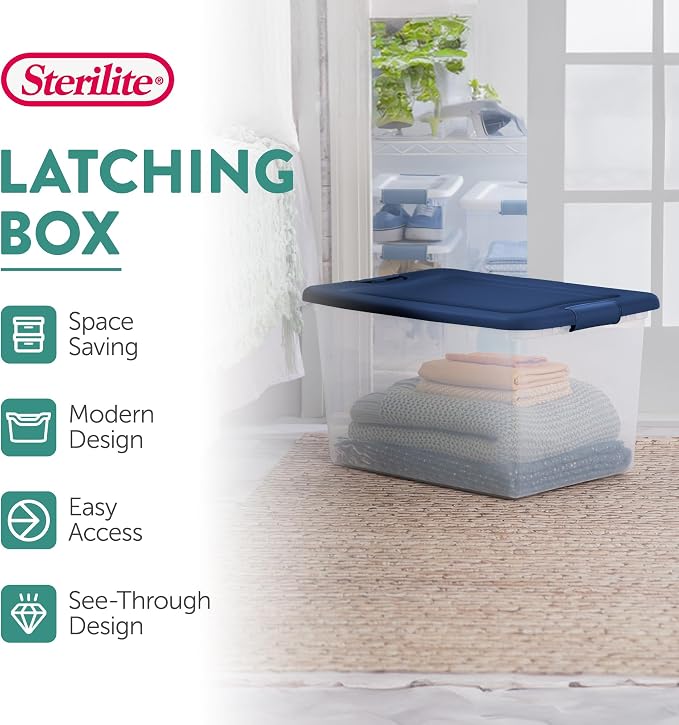 Sterilite Color Program, Large Clear Plastic Storage, 64 Quart, 6-Pack | Clear Bins with Blue Lids - Stackable Organizing Container Boxes for Closet, Bathroom, and Office